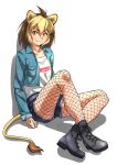  1girl absurdres animal_ears barbary_lion_(kemono_friends) black_footwear blonde_hair blue_jacket boots brown_hair commentary_request denim denim_shorts eyebrows_visible_through_hair fishnet_legwear fishnets highres jacket kemono_friends kemono_friends_3 lion_ears lion_girl lion_tail long_sleeves looking_at_viewer multicolored_hair official_alternate_costume shirt short_hair short_shorts shorts sitting solo t-shirt tail tanabe_(fueisei) two-tone_hair white_shirt yellow_eyes 