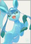  :d border commentary_request fangs gen_4_pokemon glaceon green_eyes grey_border highres kikuyoshi_(tracco) no_humans open_mouth paws pokemon pokemon_(creature) signature smile solo toes tongue watermark 