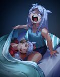  2girls animal_ears aqua_bow bangs bed blanket blunt_bangs bow crying ear_bow ear_covers gold_ship_(umamusume) grey_hair highres horse_ears horse_girl light_purple_hair long_hair mejiro_mcqueen_(umamusume) multiple_girls open_mouth parody pillbox_hat pillow red_eyes shorts tank_top the_godfather tongue tongue_out umamusume violet_eyes voodoothur 