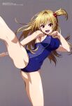  1girl 2021 :d absurdres amakage_yuuri bangs blonde_hair blue_swimsuit bouncing_breasts breasts brown_eyes copyright_name covered_navel deatte_5-byou_de_battle fang floating_hair grey_background hair_bobbles hair_ornament highres large_breasts leg_up long_hair looking_at_viewer megami_magazine one-piece_swimsuit one_side_up open_mouth school_swimsuit shiny shiny_hair shiny_skin sideboob simple_background smile solo swimsuit very_long_hair 