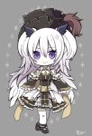  1girl archbishop_(ragnarok_online) bangs black_dress black_footwear breasts chibi cleavage_cutout closed_mouth clothing_cutout commentary_request cross dress eyebrows_visible_through_hair frilled_dress frilled_sleeves frills full_body grey_background hair_between_eyes headdress long_hair looking_at_viewer medium_breasts official_alternate_costume ragnarok_online reona_amane simple_background smile solo thigh-highs two-tone_dress two_side_up very_long_hair violet_eyes white_dress white_hair white_legwear 