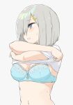  1girl aka_ringo blue_bra blue_eyes blush bra breasts grey_background hair_ornament hair_over_one_eye hairclip hamakaze_(kancolle) highres kantai_collection large_breasts navel open_mouth shirt short_hair silver_hair simple_background solo underwear undressing upper_body white_shirt 