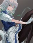  1girl apron blue_dress blue_eyes bow braid dress frilled_apron frilled_skirt frills gloves green_bow grey_background hair_bow highres izayoi_sakuya krs_(kqrqsi) maid maid_apron maid_headdress medium_hair puffy_short_sleeves puffy_sleeves short_sleeves silver_hair skirt touhou twin_braids waist_apron white_gloves wings 