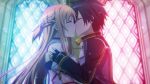  1boy 1girl asuna_(sao) brown_eyes brown_hair closed_eyes game_cg hetero highres hug kirito kiss long_hair sword_art_online sword_art_online:_hollow_fragment 