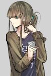  1boy alternate_hairstyle bangs black_shirt brown_hair brown_jacket cellphone closed_mouth green_eyes gretel_(sinoalice) grey_background hair_between_eyes hair_ornament hairpin highres holding holding_phone jacket long_hair long_sleeves otoko_no_ko phone ponytail shirt simple_background sinoalice towada-san_(thank39) 