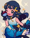  1girl ;d bangs beads black_gloves black_hair blue_dress blue_eyes blush_stickers bow chueog crescent crescent_hair_ornament hikari_(pokemon) dress eyelashes gloves grey_background hair_ornament hand_up highres holding holding_poke_ball long_hair looking_at_viewer one_eye_closed open_mouth poke_ball poke_ball_(basic) pokemon pokemon_(anime) pokemon_swsh_(anime) sidelocks sleeveless sleeveless_dress smile solo sparkle tongue twitter_username 