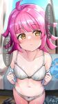  1girl bangs blunt_bangs blush bra breasts closed_mouth commentary_request eyebrows_visible_through_hair grey_bra grey_panties love_live! love_live!_nijigasaki_high_school_idol_club navel panties pink_hair shiitake_taishi short_hair small_breasts solo tennouji_rina translation_request underwear underwear_only yellow_eyes 