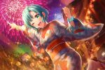  1girl blush d4dj fireworks green_eyes green_hair hanamaki_towa kimono lantern official_art short_hair smile wink 