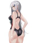  1girl ass back bangs bare_shoulders black_swimsuit blush breasts closed_mouth competition_swimsuit crossed_bangs eyebrows_visible_through_hair facial_mark feet_out_of_frame girls_frontline green_eyes grey_hair highres hk416_(girls_frontline) huge_filesize large_breasts long_hair looking_back one-piece_swimsuit rynn_(rynn_cube) silver_hair solo standing swimsuit teardrop wet wet_clothes wet_swimsuit white_background 