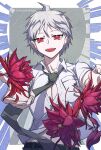  1boy :d ahoge badge bangs belt black_belt breast_pocket collared_shirt commentary_request dangan_ronpa_(series) dangan_ronpa_2:_goodbye_despair flower green_neckwear grey_background grey_hair highres hinata_hajime hinata_hajime_(awakened) looking_at_viewer male_focus necktie open_mouth pocket red_eyes red_flower shirt short_hair smile solo twitter_username upper_body upper_teeth white_shirt ziling 