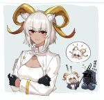  1other 2girls ? ?? ambiguous_gender animal_ears arknights beeswax_(arknights) black_gloves black_jacket carnelian_(arknights) chibi chibi_inset chinese_commentary chinese_text cleavage_cutout clothing_cutout collar cropped_jacket cropped_torso doctor_(arknights) eyebrows_visible_through_hair gloves goat_ears goat_girl goat_horns half_gloves highres holding holding_staff horns infection_monitor_(arknights) jacket looking_at_viewer mabing mask multiple_girls red_eyes shirt siblings sisters solo_focus staff translated upper_body white_hair white_jacket white_shirt yellow_eyes 