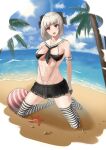  1girl absurdres arms_behind_back ball beach black_bow black_skirt black_swimsuit blush bow breasts collarbone eyebrows_visible_through_hair grey_hair hair_bow highres lianyungangwyz looking_at_viewer medium_breasts medium_hair miniskirt navel no_shoes ocean on_floor open_mouth original red_eyes sitting skirt solo spread_legs starfish striped striped_legwear swimsuit 
