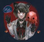  animal_ears bangs belt black_belt black_collar black_hairband black_shirt coat collar collared_shirt english_text eyebrows_visible_through_hair hairband highres hyona_elatiora jaguar_ears jaguar_girl labcoat nijisanji nijisanji_id octopus orange_eyes paw_print pyongtaro shirt short_hair smile speech_bubble upper_body virtual_youtuber white_coat 