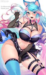  1girl animal_ear_fluff animal_ears artist_name ass ass_visible_through_thighs blue_eyes blue_hair blue_nails breasts choker claw_pose commission fangs flower garter_straps highres large_breasts long_hair multicolored_hair nail_polish no_panties open_mouth pink_hair pink_nails sanuki_(kyoudashya) silvervale skirt solo tail thigh-highs virtual_youtuber vshojo wolf_ears wolf_girl wolf_tail 