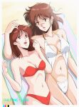 1980s_(style) 2girls anice_farm bikini brown_eyes brown_hair casual_one-piece_swimsuit chouon_senshi_borgman clothing_cutout collarbone cowboy_shot crossover highres leina_stol lying machine_robo machine_robo_chronos_no_dai_gyakushuu medium_hair multiple_girls navel navel_cutout one-piece_swimsuit red_bikini retro_artstyle swimsuit waeba_yuusee white_one-piece_swimsuit