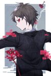  1boy ahoge bangs black_jacket black_pants brown_hair commentary_request dangan_ronpa_(series) dangan_ronpa_2.5:_nagito_komaeda_and_the_world_vanquisher dangan_ronpa_2:_goodbye_despair flower from_behind grey_background highres hinata_hajime jacket looking_at_viewer male_focus outstretched_arms pants profile red_eyes red_flower redhead short_hair solo upper_body ziling 