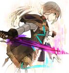  1boy bangs brown_dress brown_gloves brown_hair brown_hood closed_mouth dress gloves green_eyes gretel_(sinoalice) hair_between_eyes highres holding holding_sword holding_weapon long_sleeves looking_to_the_side otoko_no_ko short_hair simple_background single_glove sinoalice solo sword towada-san_(thank39) weapon white_background 