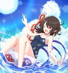  1girl alternate_costume asymmetrical_wings bangs black_hair blue_sky blue_wings blush breasts clouds commentary_request eyebrows_visible_through_hair feet_out_of_frame hair_between_eyes happy houjuu_nue innertube medium_hair one-piece_swimsuit one_eye_closed open_mouth pointy_ears red_eyes red_wings sky small_breasts smile solo sparkle splashing sugiyama_ichirou sun swimsuit touhou water wings 