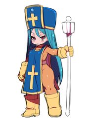  1girl absurdres aqua_hair blue_headwear blue_tabard bodysuit boots dragon_quest dragon_quest_iii eyebrows_visible_through_hair full_body highres holding holding_staff long_hair looking_at_viewer mace mitre orange_bodysuit priest_(dq3) red_eyes simple_background solo staff standing tabard weapon white_background yellow_footwear zankuro 