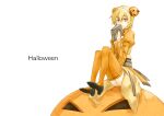  1girl alternate_color archbishop_(ragnarok_online) bangs black_footwear black_sash blonde_hair book bun_cover choukichi closed_mouth commentary_request double_bun dress eyebrows_visible_through_hair full_body hair_between_eyes hair_ornament halloween high_heels holding holding_book jack-o&#039;-lantern jack-o&#039;-lantern_hair_ornament juliet_sleeves long_sleeves looking_at_viewer orange_dress orange_legwear pink_eyes puffy_sleeves ragnarok_online sash short_hair simple_background sitting smile solo thigh-highs white_background 
