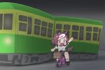  1girl agemasen!_(meme) animal_ears arm_up bicycle bicycle_basket brown_hair carrot chibi ear_bow enoshima_electric_railway ground_vehicle highres horse_ears horse_girl horse_tail light multicolored_hair night open_mouth pink_eyes pink_hair riding_bicycle sakusan_(ss-awesome) sandals shirt short_hair solo special_week_(umamusume) tail train two-tone_hair umamusume white_shirt 