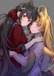  2girls :3 absurdres akamatsu_kaede animal_ears backpack bag bangs black_hair black_sailor_collar blonde_hair breasts cat_ears cat_tail closed_mouth dangan_ronpa_(series) dangan_ronpa_v3:_killing_harmony frown grey_background grey_shirt hair_ornament hair_scrunchie hairclip harukawa_maki highres hug kemonomimi_mode long_hair long_sleeves looking_at_viewer low_twintails medium_breasts multiple_girls musical_note_hair_ornament nanin necktie pink_vest plaid plaid_skirt randoseru red_eyes red_scrunchie red_shirt sailor_collar school_uniform scrunchie serafuku shirt simple_background skirt smile symbol-only_commentary tail twintails vest violet_eyes 