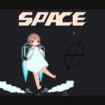  1girl animated bare_legs barefoot black_background brown_hair dress expressionless glitch jetpack long_sleeves looping_animation lowres original pixel_art short_hair solo sotie swinging_legs white_dress 