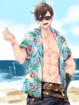  1boy abs beach belt brown_hair clouds earrings granblue_fantasy hawaiian_shirt jewelry lobelia_(granblue_fantasy) male_focus mame_lde navel open_clothes open_mouth open_shirt outdoors shirt single_earring sky smile solo sunglasses toned toned_male 