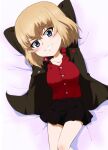  1girl arms_behind_head arms_up bangs bed_sheet black_skirt blonde_hair blue_eyes bob_cut commentary eyebrows_visible_through_hair from_above girls_und_panzer green_jacket grin hairband head_tilt insignia jacket katyusha_(girls_und_panzer) kayabakoro long_sleeves looking_at_viewer lying miniskirt on_back on_bed open_clothes open_jacket pleated_skirt pravda_school_uniform red_shirt school_uniform shirt short_hair skirt smile solo turtleneck 