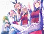  2021 2girls 3boys animal_ears astolfo_(fate) astolfo_(saber)_(fate) blue_eyes caenis_(fate) couch dark_skin dated enkidu_(fate) eyebrows_visible_through_hair fake_animal_ears fate/grand_order fate_(series) green_hair hair_between_eyes ittokyu kiichi_hougen_(fate) long_hair long_sleeves looking_at_viewer multicolored_hair multiple_boys multiple_girls one_eye_closed open_mouth pants pink_eyes pink_hair pointy_ears rabbit_ears redhead short_hair simple_background sitting teeth tongue two-tone_hair violet_eyes white_background white_hair yellow_eyes 
