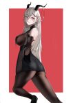  1girl absurdres aegir_(azur_lane) ass azur_lane back bare_shoulders bareback black_dress black_footwear black_legwear blush bodystocking breasts demon_horns dress eyebrows_visible_through_hair from_side highres horns large_breasts lianyungangwyz long_hair looking_at_viewer multicolored_hair orange_eyes pantyhose shoes sideboob silver_hair simple_background smile solo 