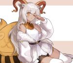  1girl animal_ears arknights bangs bare_shoulders beeswax_(arknights) beeswax_(weisser_sand)_(arknights) blush dark_skin eyebrows_visible_through_hair goat_ears goat_girl goat_horns highres horns jacket long_hair mabing off_shoulder platinum_blonde_hair solo thigh-highs yellow_eyes 