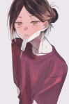  brown_eyes brown_hair chignon food g_ig98 highres original popsicle red_shirt shirt sweat 