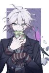  1boy bangs black_jacket blood chain collar commentary_request dangan_ronpa_(series) dangan_ronpa_another_episode:_ultra_despair_girls flower gloves green_flower hair_between_eyes hand_up highres jacket komaeda_nagito long_sleeves looking_at_viewer male_focus metal_collar official_alternate_costume parted_lips petals pink_blood red_shirt shirt smile solo striped striped_gloves striped_shirt teeth upper_body white_background white_flower ziling 