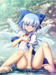  1girl angry bangs bare_legs barefoot between_legs blue_bow blue_eyes blue_hair blush bow chima_q cirno commentary covering covering_breasts day feet flat_chest hair_between_eyes hair_bow hand_between_legs highres ice ice_wings looking_away navel no_pants outdoors panties puffy_short_sleeves puffy_sleeves short_hair short_sleeves sitting solo tearing_up torn_clothes touhou underwear water white_panties wings 