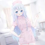 1girl ahoge amatsuka_uto bed blue_eyes blurry blurry_background breasts chestnut_mouth curtains depth_of_field deyui dress dutch_angle hair_ornament hairclip hand_on_hip hat highres holding holding_syringe hospital_bed indie_virtual_youtuber indoors long_hair looking_at_viewer nurse nurse_cap parted_lips pink_dress pink_headwear puffy_short_sleeves puffy_sleeves short_sleeves signature silver_hair small_breasts solo syringe two_side_up very_long_hair virtual_youtuber window wing_hair_ornament 