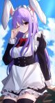  .me 1girl alternate_costume animal_ears apron bangs blue_sky closed_mouth clouds commentary_request day enmaided eyebrows_visible_through_hair highres long_sleeves looking_at_viewer maid maid_apron maid_headdress one_eye_closed puffy_long_sleeves puffy_sleeves purple_hair rabbit_ears red_eyes reisen_udongein_inaba sky solo touhou white_apron 