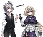  1boy 1girl armor artist_name blonde_hair braid braided_ponytail breasts commentary_request cowboy_shot eyebrows_visible_through_hair fate/apocrypha fate_(series) grey_hair hair_between_eyes haoro jeanne_d&#039;arc_(fate) jeanne_d&#039;arc_(fate)_(all) large_breasts long_hair long_sleeves looking_at_viewer open_mouth red_eyes sieg_(fate) simple_background smile tongue twitter_username v violet_eyes watermark white_background 