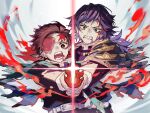  2boys bangs blood blood_on_face blue_hair brown_hair checkered clenched_teeth earrings haori highres holding holding_sword holding_weapon japanese_clothes jewelry kamado_tanjirou kimetsu_no_yaiba long_hair long_sleeves male_focus multiple_boys open_mouth ponytail scar scar_on_face simple_background sword teeth tomioka_giyuu torn_clothes twitter_username upper_body usu32 weapon 