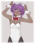  1girl arms_up bangs bare_shoulders black_legwear blush bow breasts bunny_pose collar dark-skinned_female dark_skin detached_collar diamond_(shape) eyebrows_visible_through_hair eyes_visible_through_hair fate/prototype fate/prototype:_fragments_of_blue_and_silver fate_(series) hair_over_eyes hairband hassan_of_serenity_(fate) i.u.y leotard pantyhose parted_lips purple_hair red_bow small_breasts smile solo strapless strapless_leotard violet_eyes white_collar white_hairband white_leotard wing_collar wrist_cuffs 