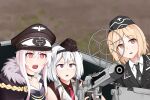  3girls absurdres blonde_hair brown_eyes girls_frontline gun hat highres kar98k_(girls_frontline) long_hair machine_gun mg42 mg42_(girls_frontline) mp40_(girls_frontline) multiple_girls peaked_cap red_eyes reference_request short_hair violet_eyes weapon white_hair yamamoto_isuzu 