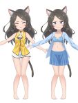  1girl :p absurdres animal_ear_fluff animal_ears ass_visible_through_thighs bare_legs barefoot blue_bra blue_eyes blue_jacket blue_skirt blush bra breasts brown_hair cat_ears cat_tail cleavage_cutout clenched_teeth clothing_cutout embarrassed highres jacket knees_together_feet_apart long_hair looking_at_viewer miniskirt multiple_views navel nekoze_(s22834712) open_clothes open_jacket original outstretched_arms shirt skirt small_breasts spread_arms tail teeth thigh_gap tongue tongue_out tu_ya_(nekoze) underwear white_skirt yellow_shirt 