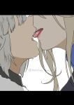  2girls blonde_hair character_request french_kiss grey_hair highres kiss letterboxed long_hair monokuro_graf multiple_girls teeth tongue tongue_out twitter_username white_background world_witches_series yuri 
