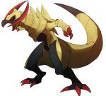  black_sclera blurry claws colored_sclera commentary_request from_side full_body haxorus morio_(poke_orio) no_humans pokemon pokemon_(creature) red_eyes simple_background solo standing white_background 