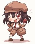  1girl ;d bag bangs black_hair brown_bag brown_footwear brown_headwear brown_jacket cabbie_hat collared_shirt eyebrows_visible_through_hair full_body hat holding holding_notebook jacket long_sleeves looking_at_viewer necktie notebook one_eye_closed open_mouth red_eyes red_neckwear rokugou_daisuke shameimaru_aya shirt short_hair shoulder_bag signature smile solo standing touhou white_background white_legwear white_shirt 