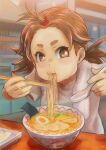  1girl bowl brown_eyes brown_hair chopsticks eating food highres kuroneko_douji noodles original ramen short_ponytail solo spoon thick_eyebrows 