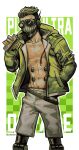  1boy abs absurdres apex_legends bare_pectorals bsapricot can drawstring english_commentary goggles green_hair green_jacket grey_shorts hair_slicked_back hand_in_pocket highres holding holding_can jacket leaning_forward male_focus mask mechanical_legs mouth_mask octane_(apex_legends) pectorals shorts solo undercut 