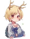  1girl bangs blonde_hair blue_bow blue_shirt blue_sleeves blush bow closed_mouth eyebrows_visible_through_hair hair_between_eyes heart highres horns kicchou_yachie long_sleeves moshihimechan puffy_sleeves red_eyes shirt short_hair simple_background solo touhou turtle_shell upper_body white_background 