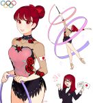  2girls alternate_costume alternate_hairstyle athletic_leotard bow cheering choker cosplay flower glasses gym_uniform gymnastics gymnastics_ribbon hair_bow hair_ribbon highres hoop japanese_flag jivke leotard miniskirt multiple_girls olympic_rings olympics open_mouth persona persona_5 persona_5_the_royal red_eyes redhead ribbon ribbon_baton rose simple_background skirt smile sparkle sparkle_background yoshizawa_kasumi yoshizawa_kasumi_(cosplay) yoshizawa_sumire 