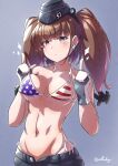  1girl :&lt; american_flag_bikini arthur_ko atlanta_(kancolle) bikini black_headwear blush breasts brown_hair closed_mouth collarbone cowboy_shot earrings eyebrows_visible_through_hair flag_print garrison_cap gloves grey_eyes groin hat highres index_fingers_raised jewelry kantai_collection large_breasts long_hair multicolored multicolored_clothes multicolored_gloves navel partially_fingerless_gloves single_earring solo star_(symbol) star_earrings swimsuit twitter_username two_side_up 